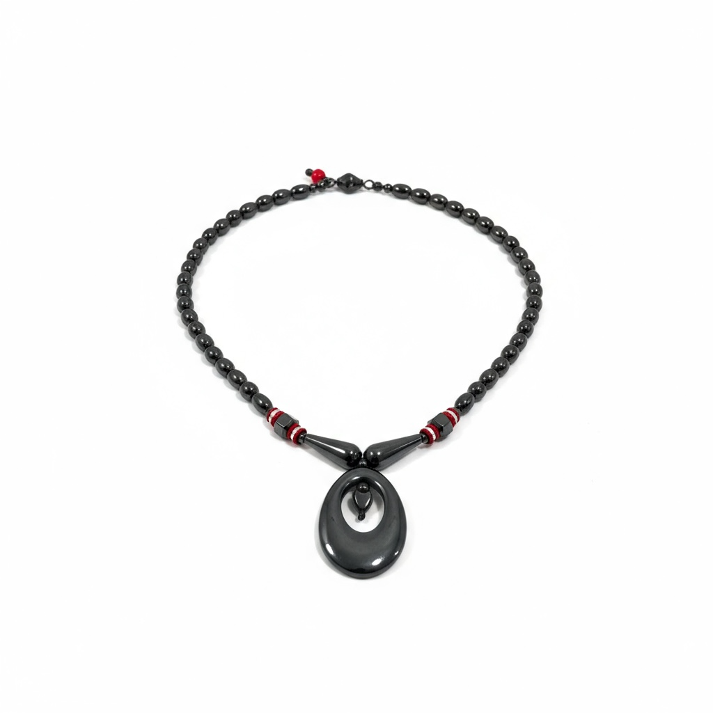 Hematite  Black Stone Necklace with Red Accents