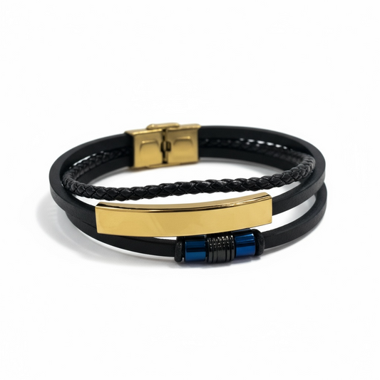 Black braided leather bracelet with gold and blue accents.
